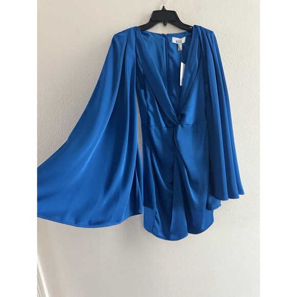 Badgley Mischka Nora Satin V-Neck Long Bell Sleeve Twist Front Mini Dress size 2 - Picture 4 of 14